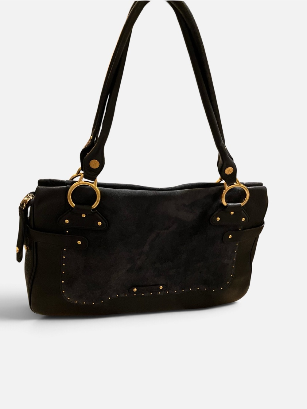 Cole Haan Classic Black Suede and Leather Shoulder Bag with Gold Hardware - Picture 8 of 8